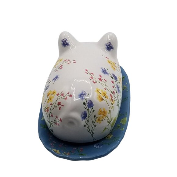 Covered Butter Dish Floral Pig Ceramic Farmhouse Country Cottagecore Chipped - Picture 6 of 13